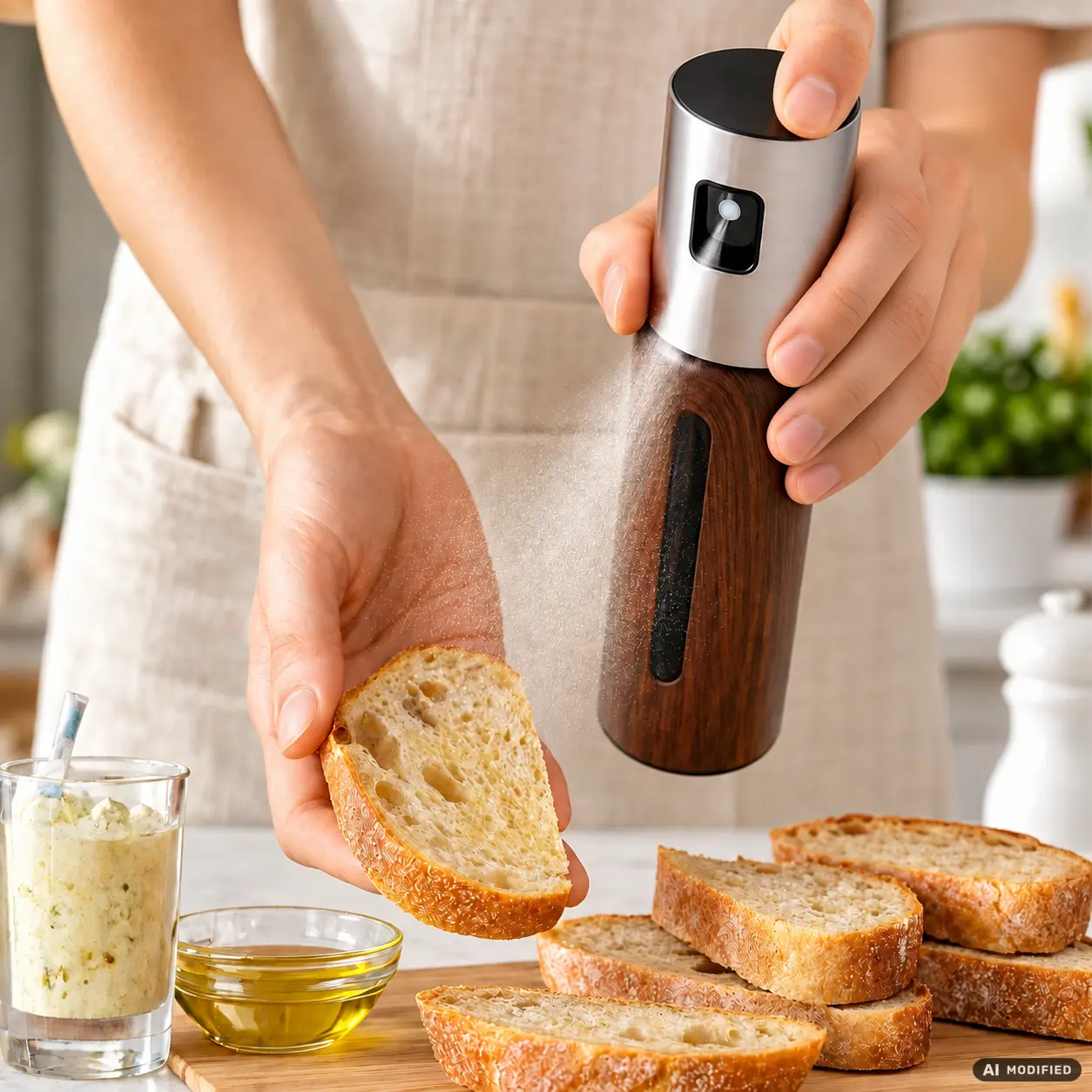 Eine Hand hält ein Stück Brot, während der WALLINBERG® Ölsprüher es fein besprüht