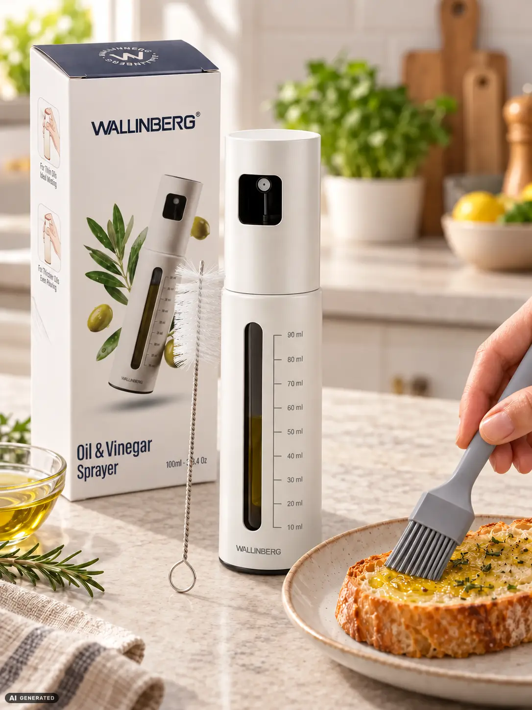 Weißer WALLINBERG® Ölsprüher vor dem neuen Premium-Karton, daneben die Reinigungsbürste; eine Hand bestreicht geröstetes Brot mit dem Silikonpinsel
